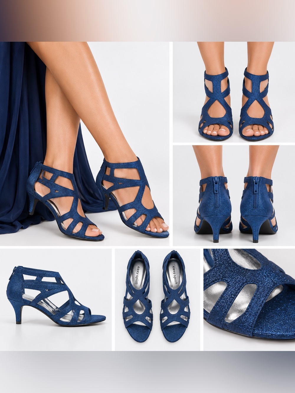 Easy Spirit Blue Glitter Cutout Strappy Heels Size 7.5 Formal Party Shoes